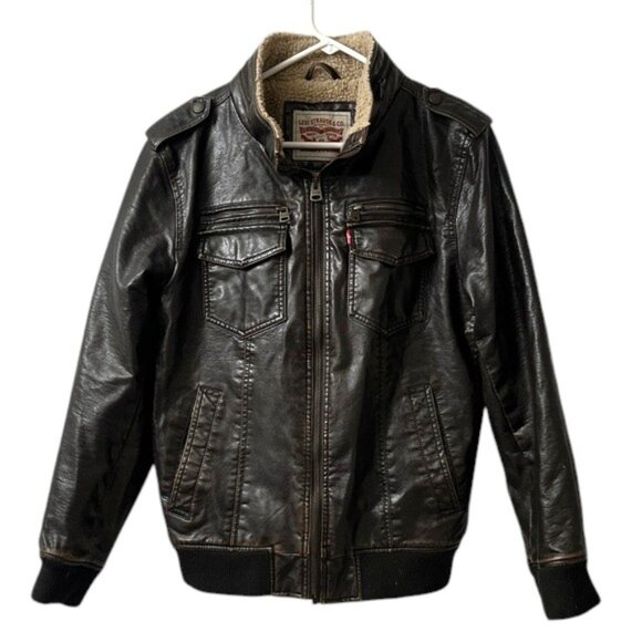 Levi's Men's Sherpa-Lined Faux-Leather Aviator Bomber Jacket - Size Small - Picture 1 of 13